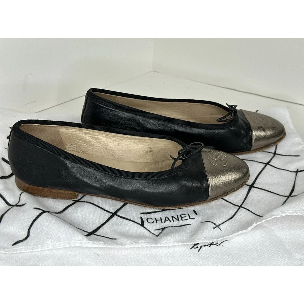CHANEL Women's Leather Ballet‎ Flats W/Metallic Cap Toe, Black, Size 35.5/US 5